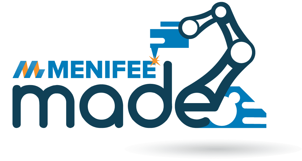 Menifee Made logo in light blue, dark blue and orange with a robotic arm.