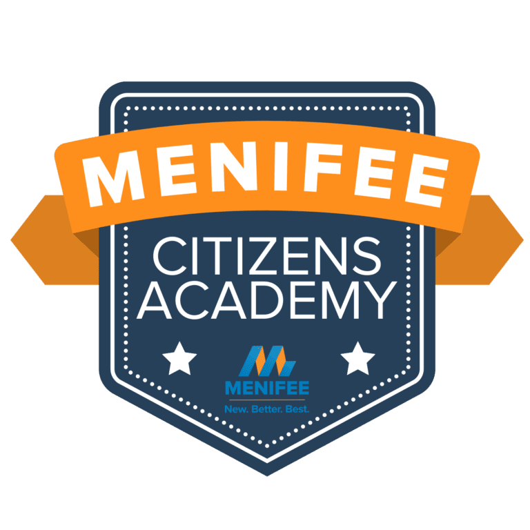 Menifee Citizens Academy Logo Blue Seal with White Font and Orange Ribbon