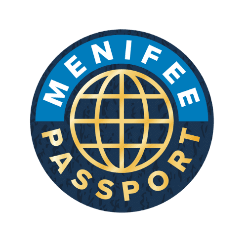 Menifee Passport Logo: a circle with a simplified grid image of a globe in the center with the text "Menifee Passport" wrapped around