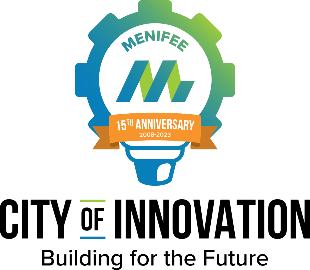 Logo for the City of Menifee's 15th anniversary (2008-2023) featuring the slogan "City of Innovation: Building for the Future" and highlighting a grand birthday celebration with live music.