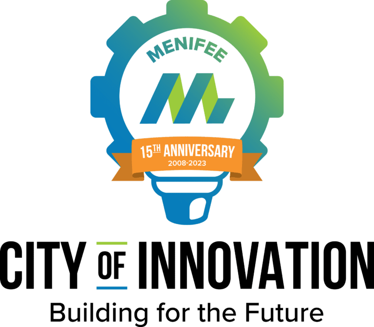 Logo for the City of Menifee's 15th anniversary (2008-2023) featuring the slogan "City of Innovation: Building for the Future" and highlighting a grand birthday celebration with live music.