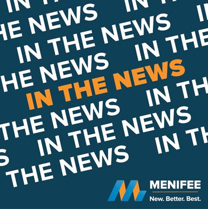 A graphic featuring repeated text "IN THE NEWS" in white and orange, with "MENIFEE" and the tagline "New. Better. Best." at the bottom right corner, celebrates Innovation Month in April, highlighting the strides of the City of Menifee.
