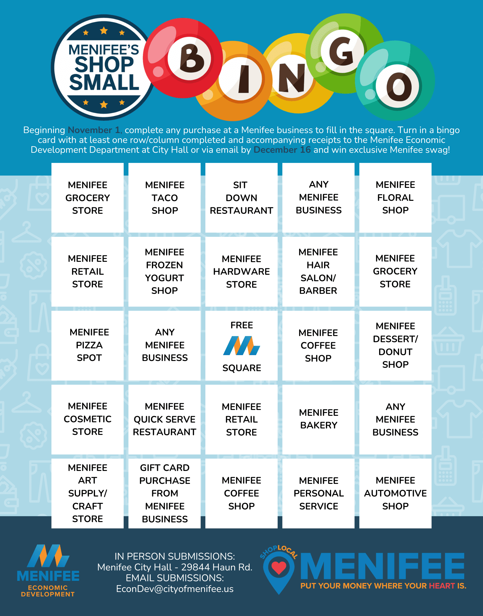 Join the excitement of Menifee's Shop Small event with our exclusive Bingo card, featuring local businesses in each square. Discover unique finds while supporting your community. Find instructions and submission details at the top to play and win!