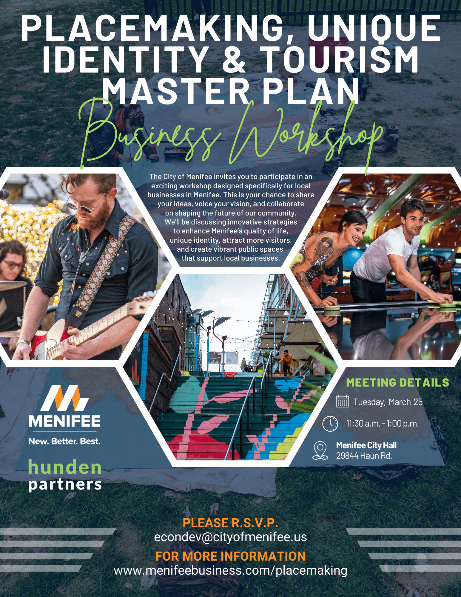 Join us for a Business Workshop on March 26 from 11:30 a.m. to 1:00 p.m. at City Hall. Featuring local Menifee images, this event focuses on placemaking, identity, and tourism as part of our Tourism Master Plan to bolster business support.